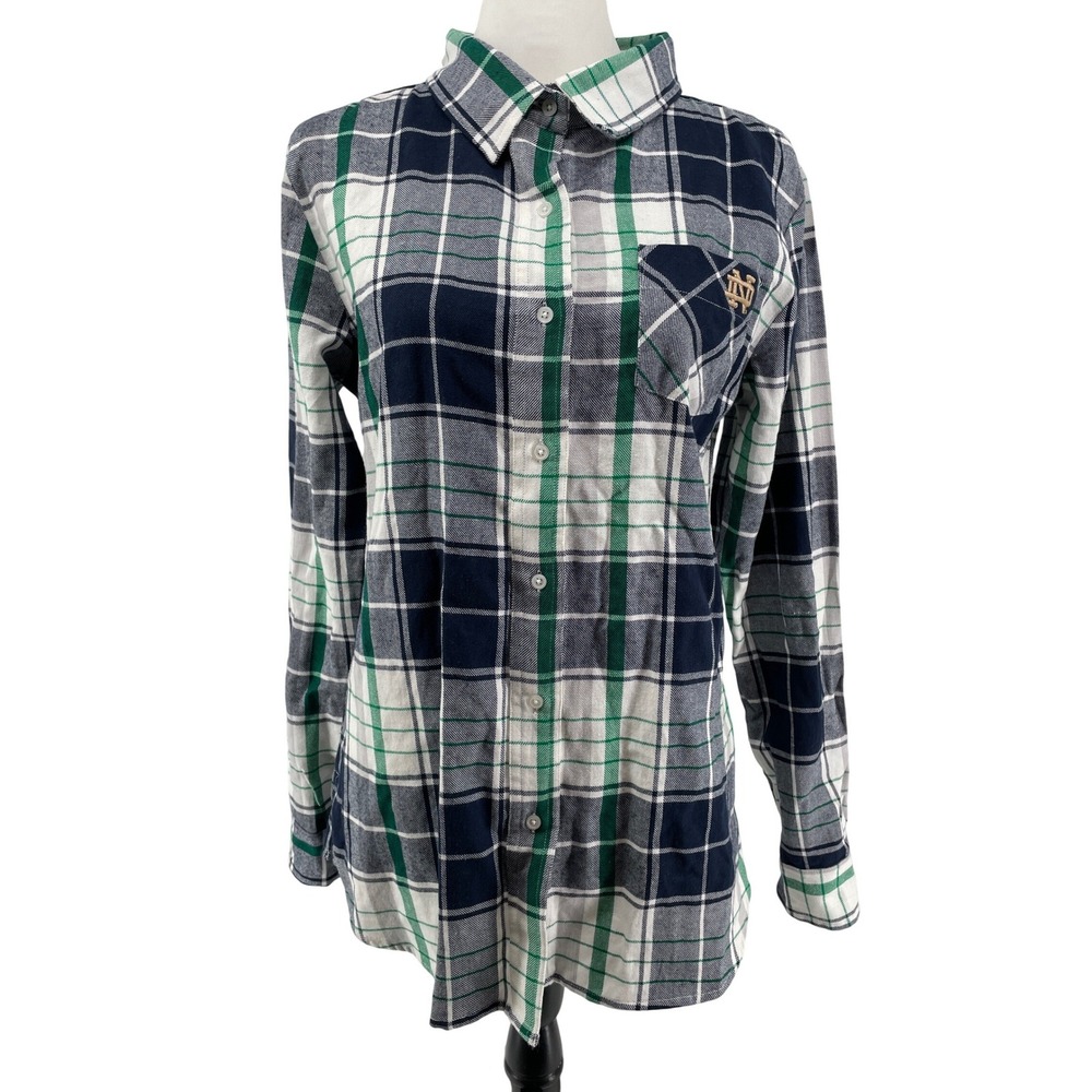 Notre Dame Plaid Flannel Top Womens Medium Navy‎ Green Fighting Irish UG Apparel